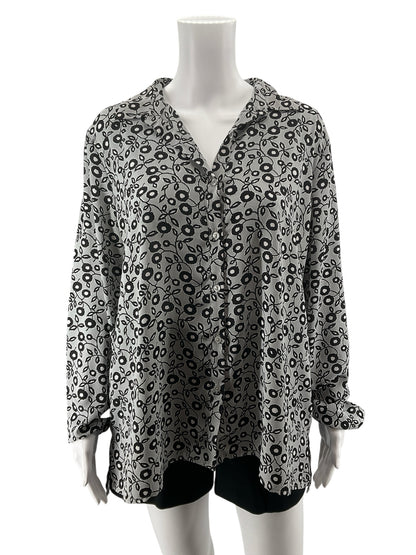 LOFT Ann Taylor Gray Abstract Floral Roll-Tab Blouse Size Large