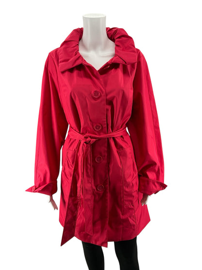 Dennis Basso Cherry Red Trench Coat Jacket Ruched Collar Belted Size Large