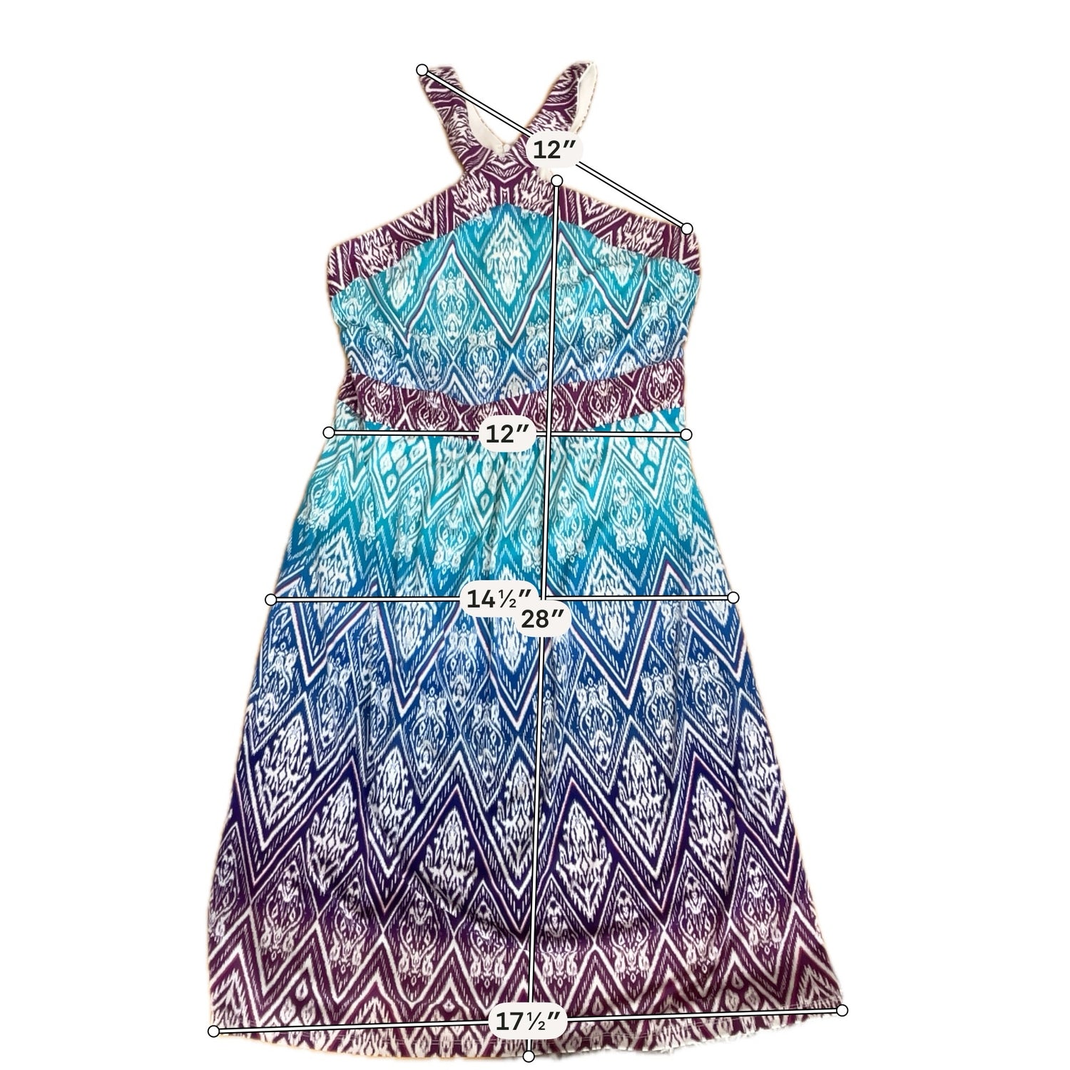Wisp Ikat Print Dress Size 12 Aqua Purple Empire Waist X-Back Sleeveless