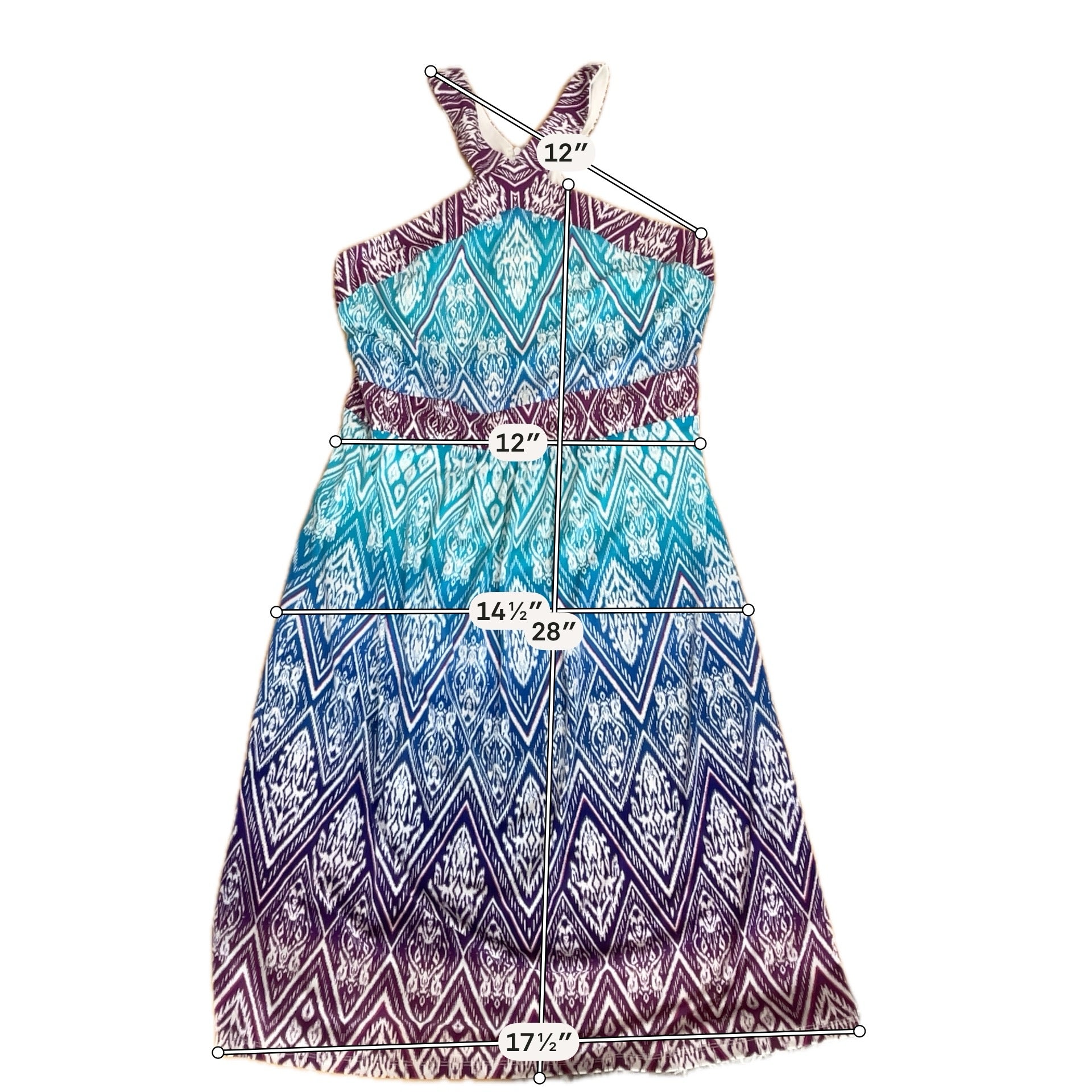 Wisp Ikat Print Dress Size 12 Aqua Purple Empire Waist X-Back Sleeveless