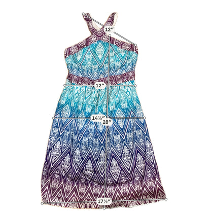 Wisp Ikat Print Dress Size 12 Aqua Purple Empire Waist X-Back Sleeveless