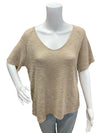 Front view of Wasabi and Mint Beige Knit Top Size M on mannequin, featuring short sleeves and scoop neck. Available at Margaret’s Fine Consignments.