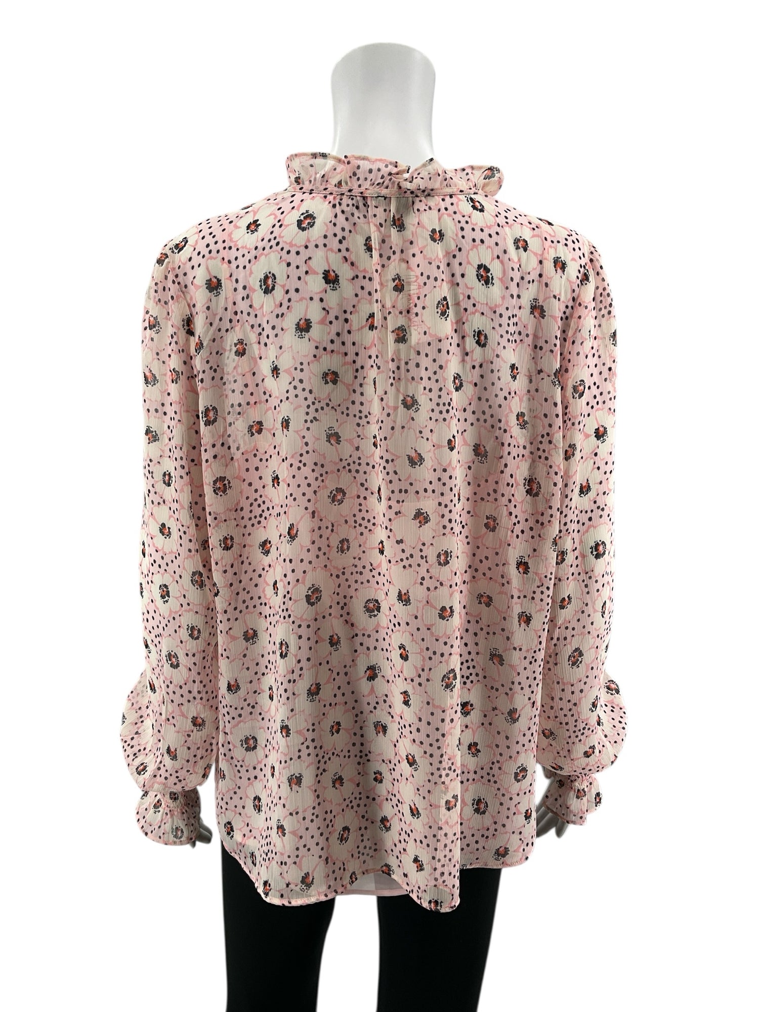 Loft white/pink/brown Long Sleeve Floral Smocked Tie Neck Blouse White Pink NWT Ladies Top Size Large - Size L