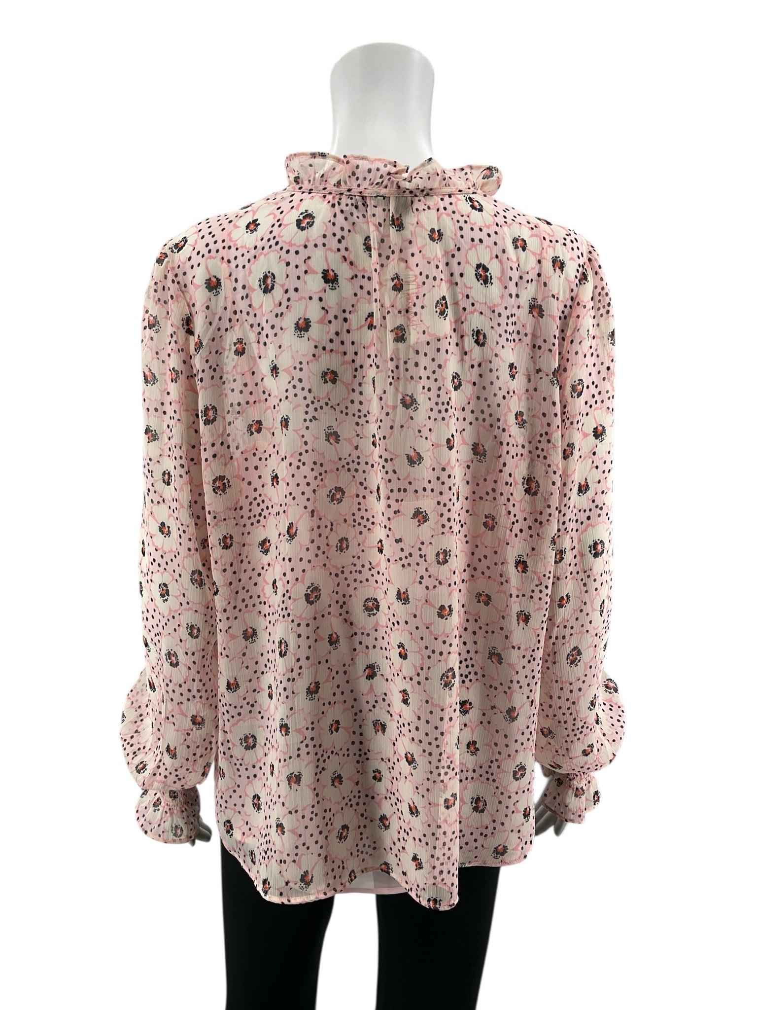 Loft white/pink/brown Long Sleeve Floral Smocked Tie Neck Blouse White Pink NWT Ladies Top Size Large - Size L