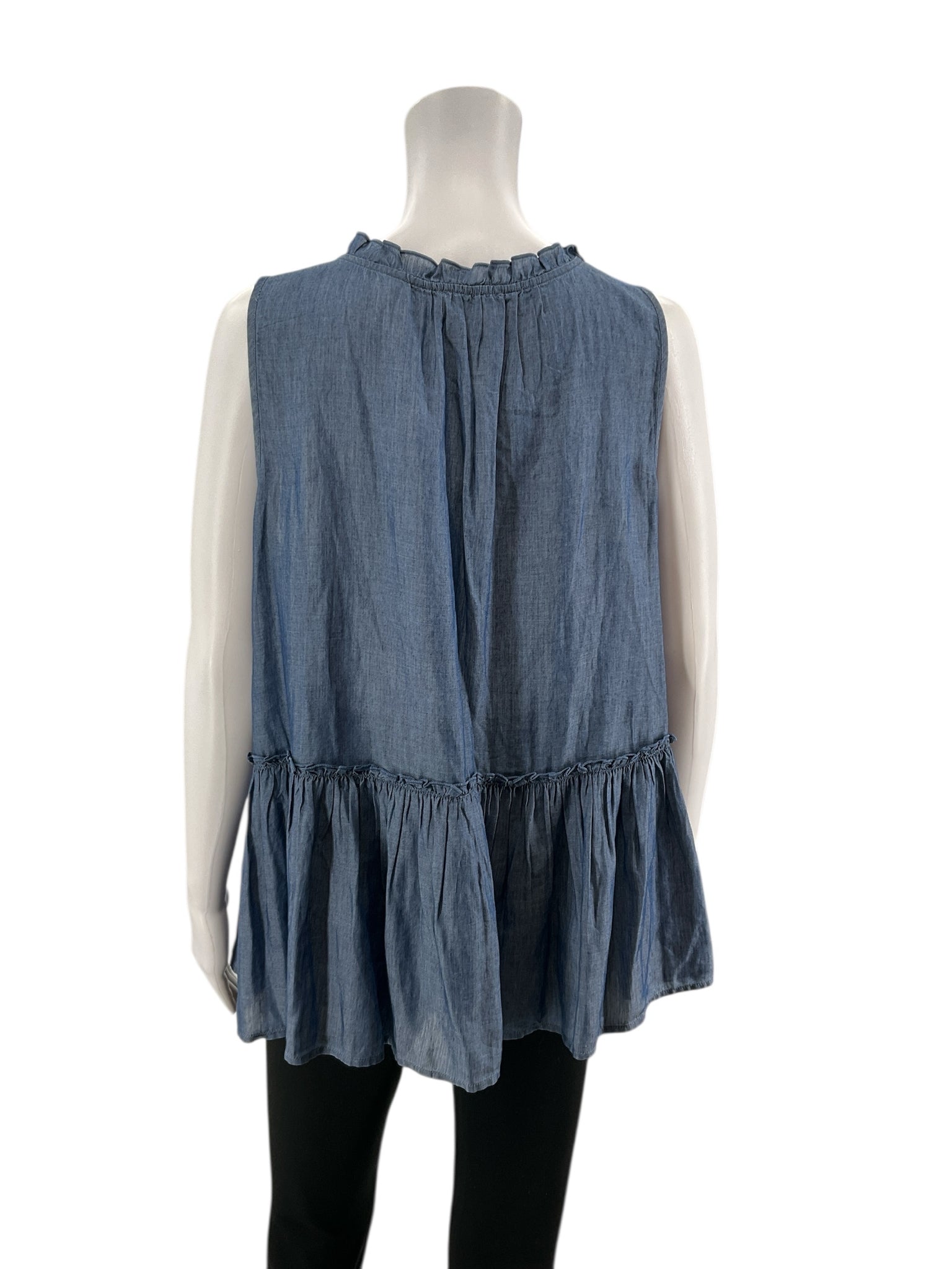 LOFT Outlet Blue Sleeveless LOFT Ruffle Tie Neck Tiered Chambray Tunic Top NWT Size Large - Size L