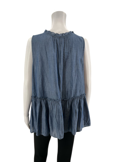 LOFT Outlet Blue Sleeveless LOFT Ruffle Tie Neck Tiered Chambray Tunic Top NWT Size Large - Size L