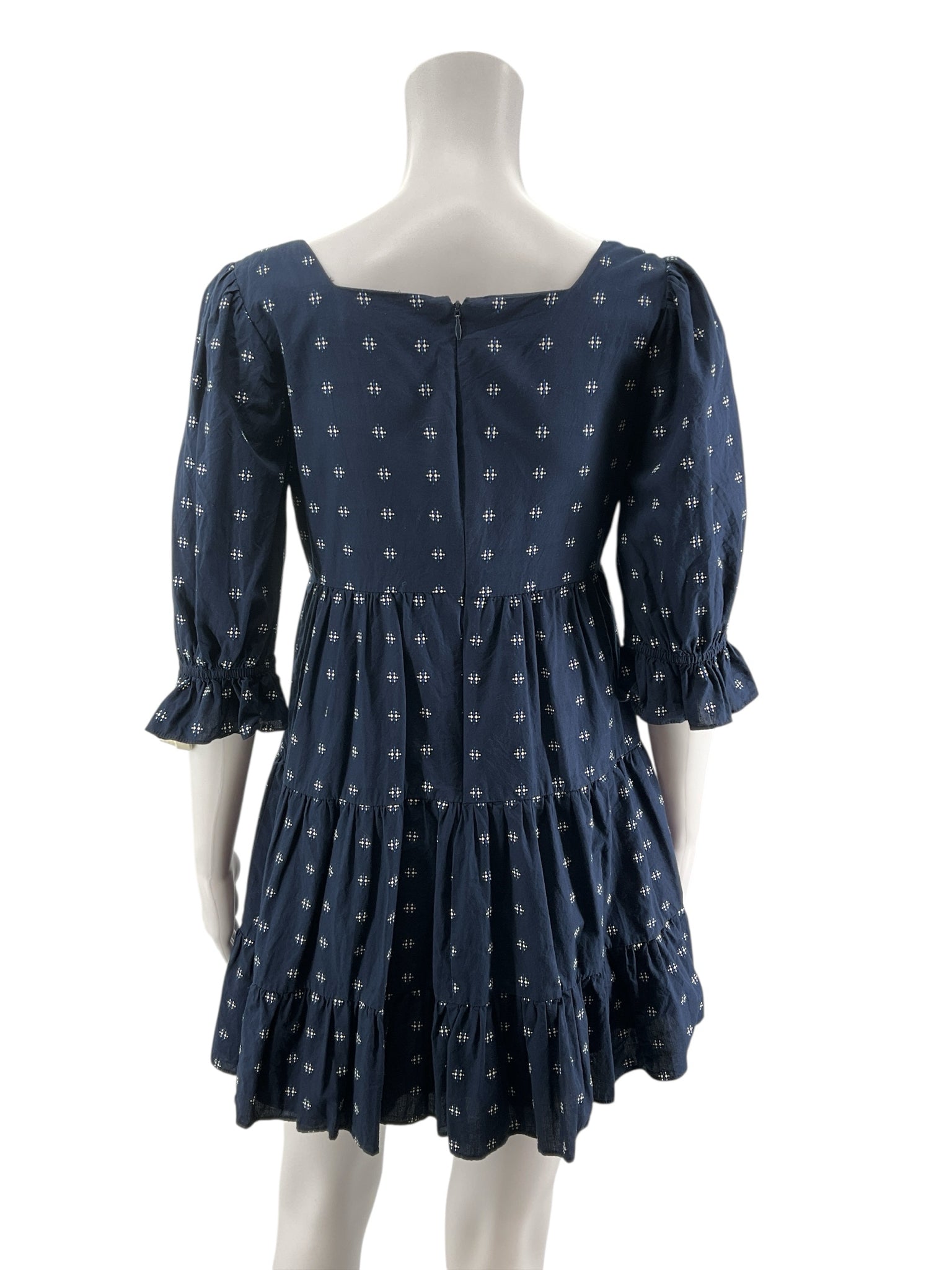 Madewell navy/white Babydoll Smocked-Cuff Tiered Mini Dress Navy Diamond Print Cotton Size 2 - Size 2