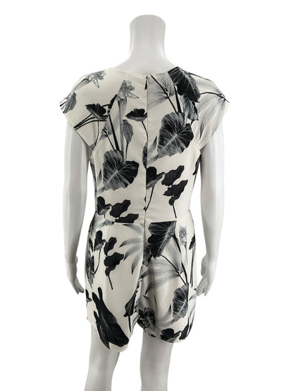 Ark &amp; Co Tropical Leaf Print Cap Sleeve Romper White Charcoal Size Large