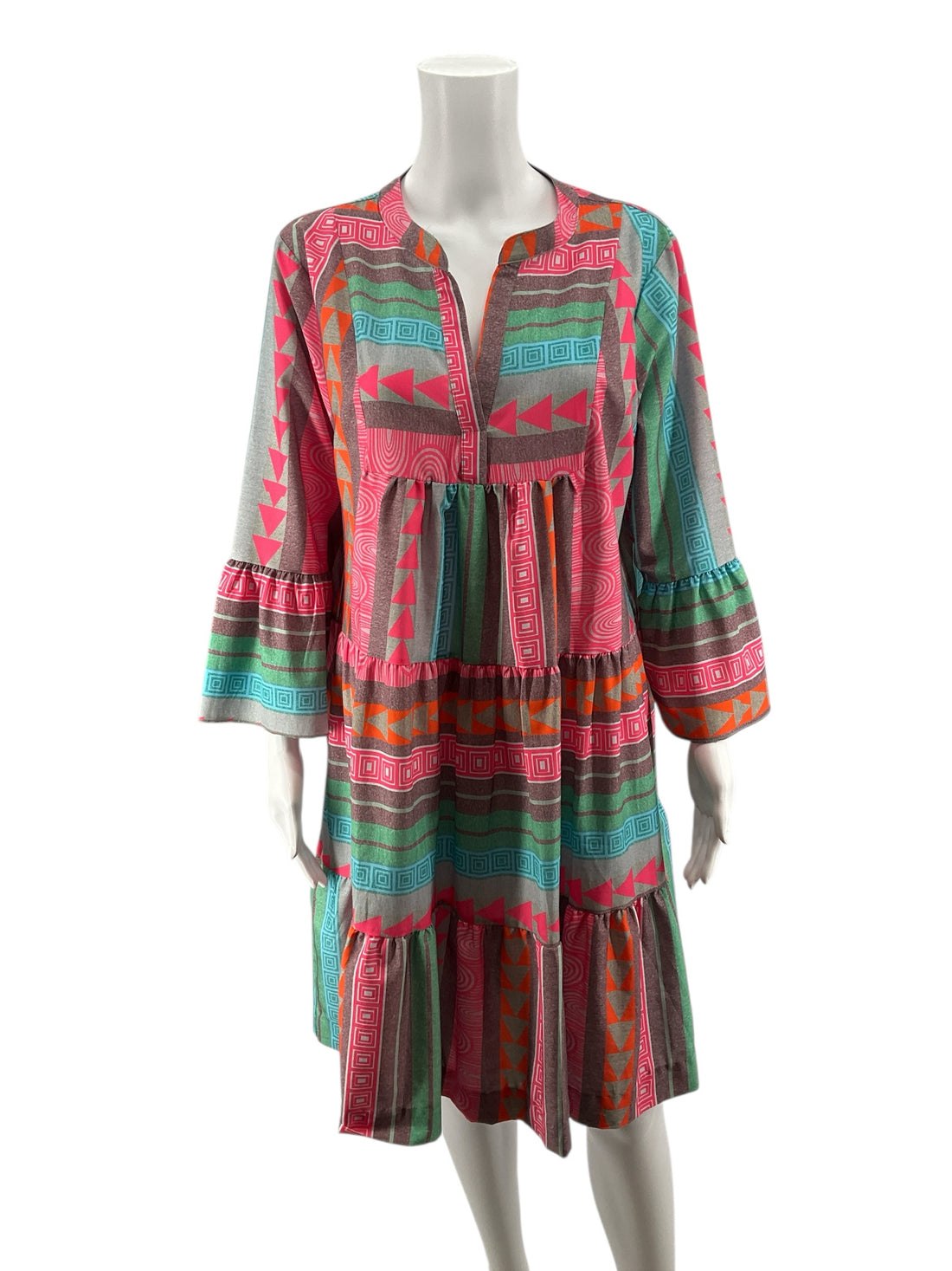 No Brand Multi Color Boho Boho Geometric Print Tiered Bell Sleeve Dress Size XL - Size XL