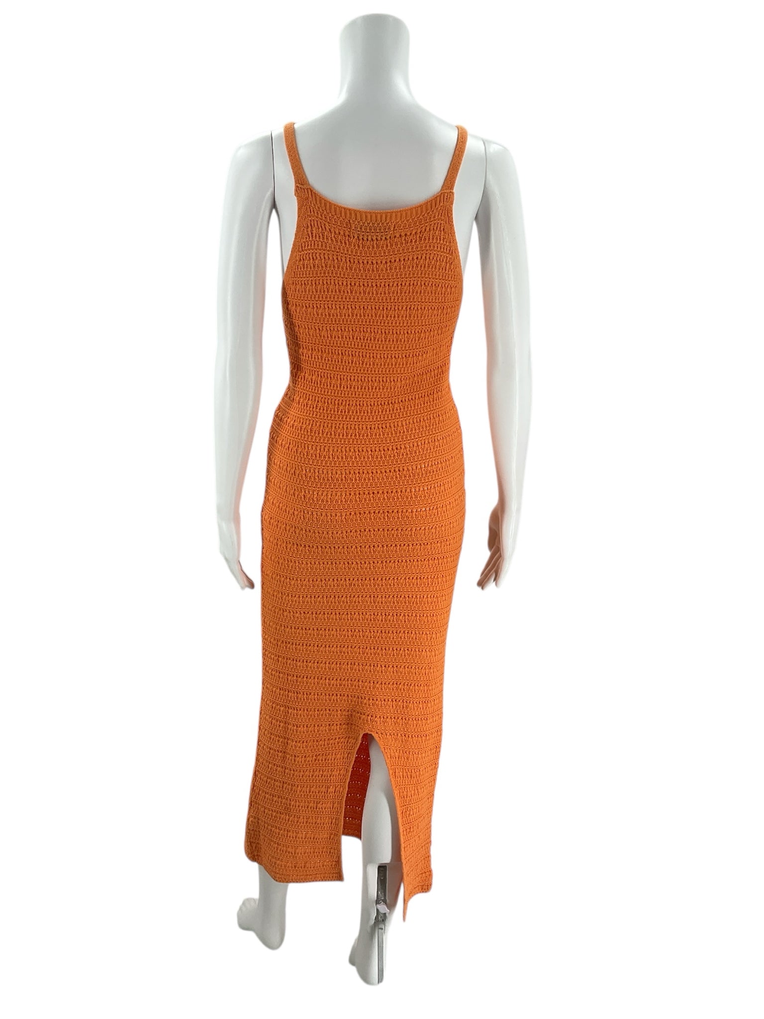 Back view of Willow & Wind Orange Knit Dress - Size Large featuring a slit hem and form-fitting silhouette for stylish comfort.