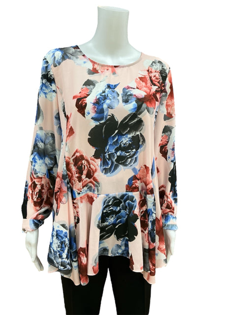 CeCe Size L blush/blue Floral Casual Top - Downstairs