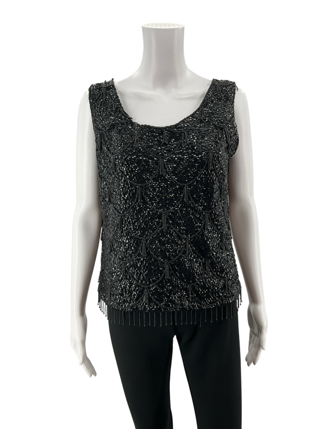 Unbranded Vintage Glam Black Wool Sequin &amp; Beaded Fringe Tank Top | Art Deco Sleeveless Shell
