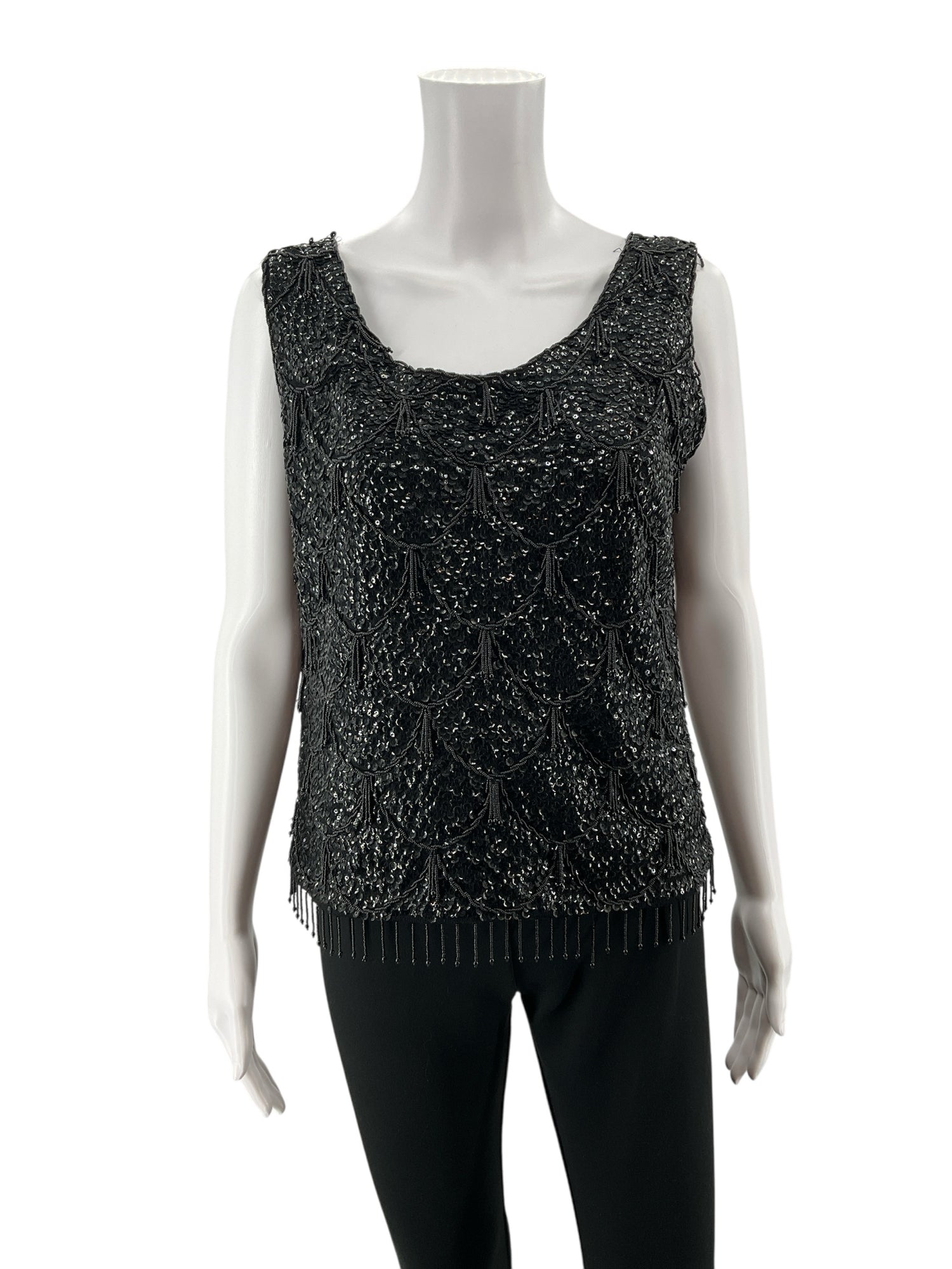 Unbranded Vintage Glam Black Wool Sequin &amp; Beaded Fringe Tank Top | Art Deco Sleeveless Shell