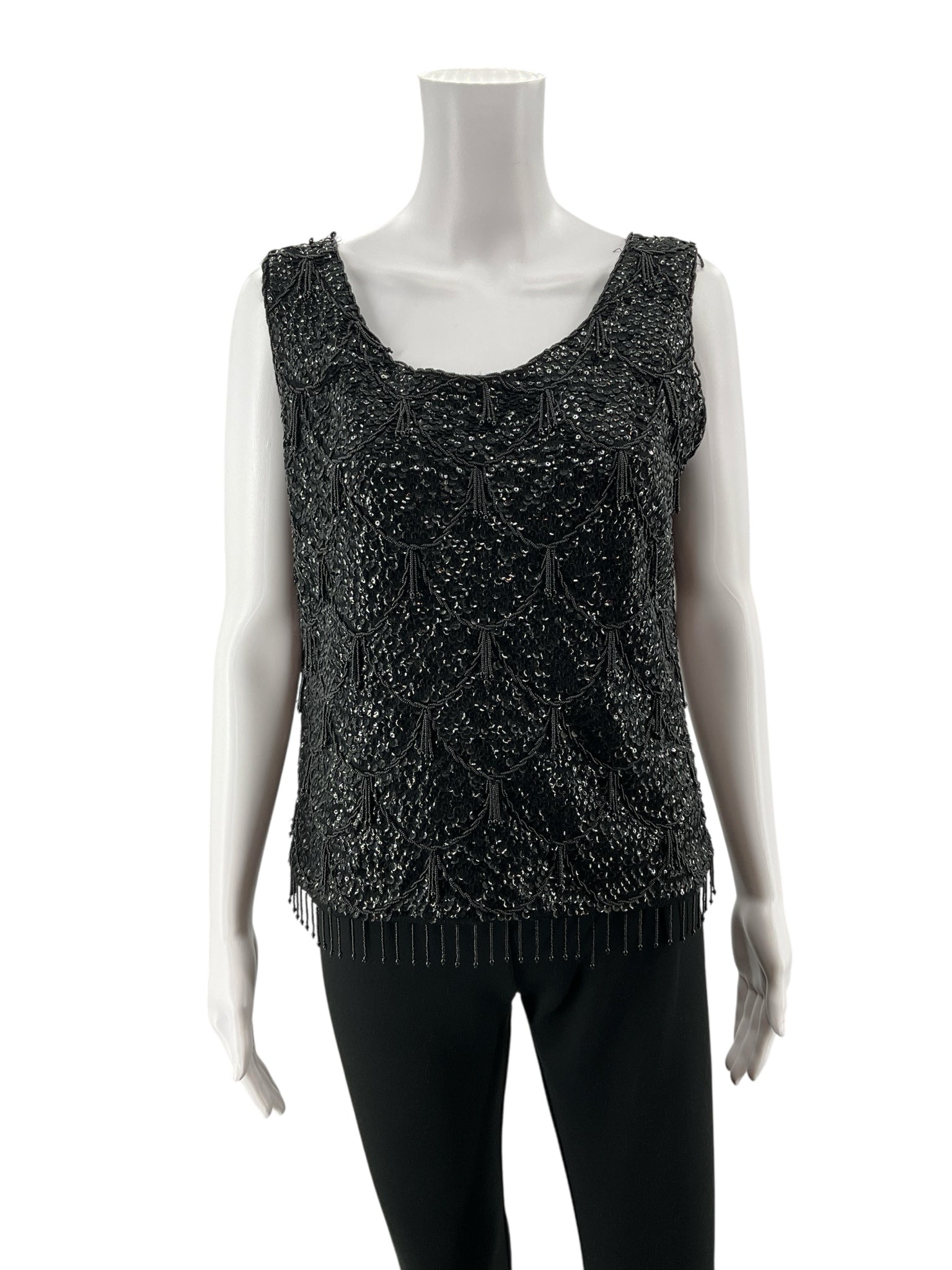 Unbranded Vintage Glam Black Wool Sequin &amp; Beaded Fringe Tank Top | Art Deco Sleeveless Shell