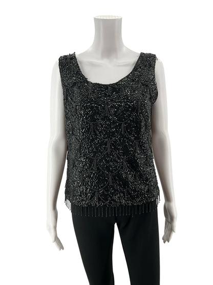Unbranded Vintage Glam Black Wool Sequin &amp; Beaded Fringe Tank Top | Art Deco Sleeveless Shell