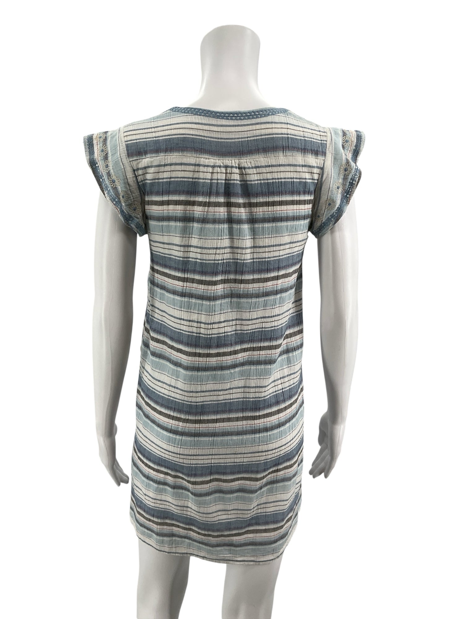 THML Striped Embroidered Boho Tunic Dress Blue White Cotton XS