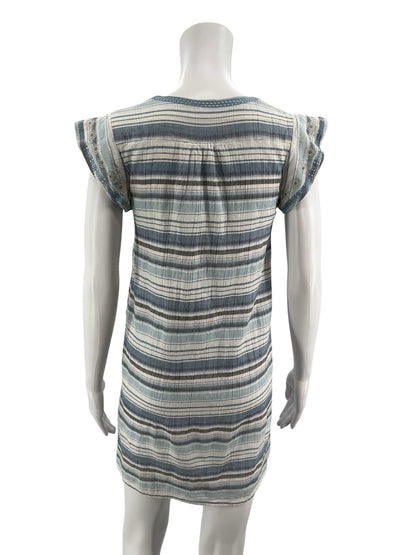 THML Striped Embroidered Boho Tunic Dress Blue White Cotton XS