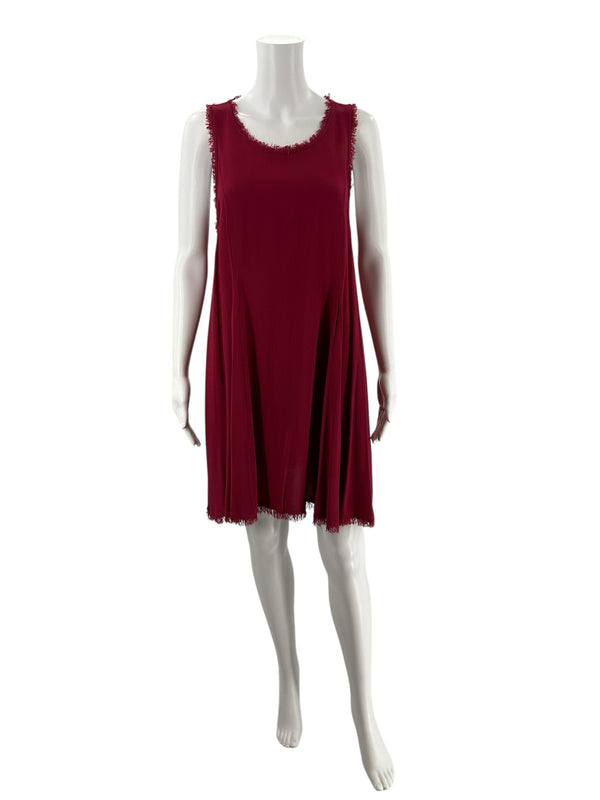 Front view of Altar'd State burgundy A-line pre-owned ladies dress on mannequin, showcasing sleeveless design and flowy rayon fabric.