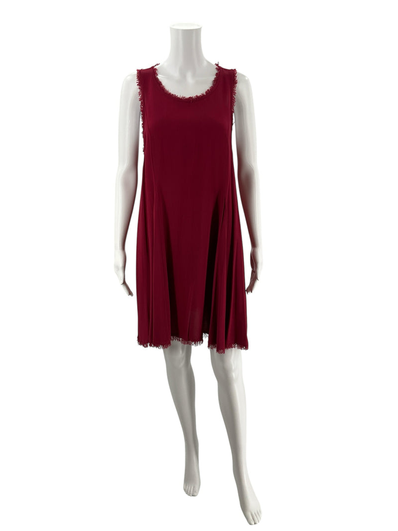 Front view of Altar'd State burgundy A-line pre-owned ladies dress on mannequin, showcasing sleeveless design and flowy rayon fabric.