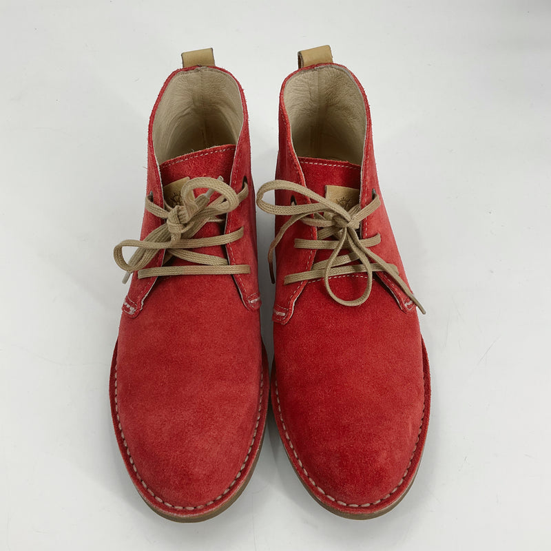 Front view of Bussola Coimbra red suede ankle booties, size 7.5 new with tags, featuring leather lining and neutral laces.