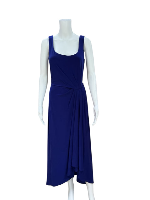 Lauren Bluish Purple Solid Pre-Owned Ladies Dress - Size 10 displayed on mannequin, showcasing stretch jersey fabric and side knot detail for evening wear.