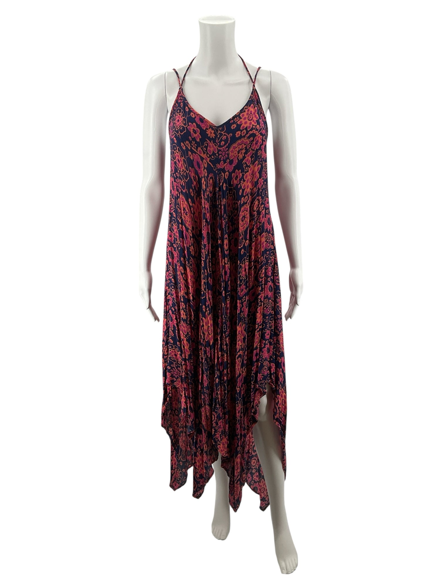 YM &amp; Co. Navy &amp; Pink Floral Handkerchief Hem Halter Maxi Dress Size Small