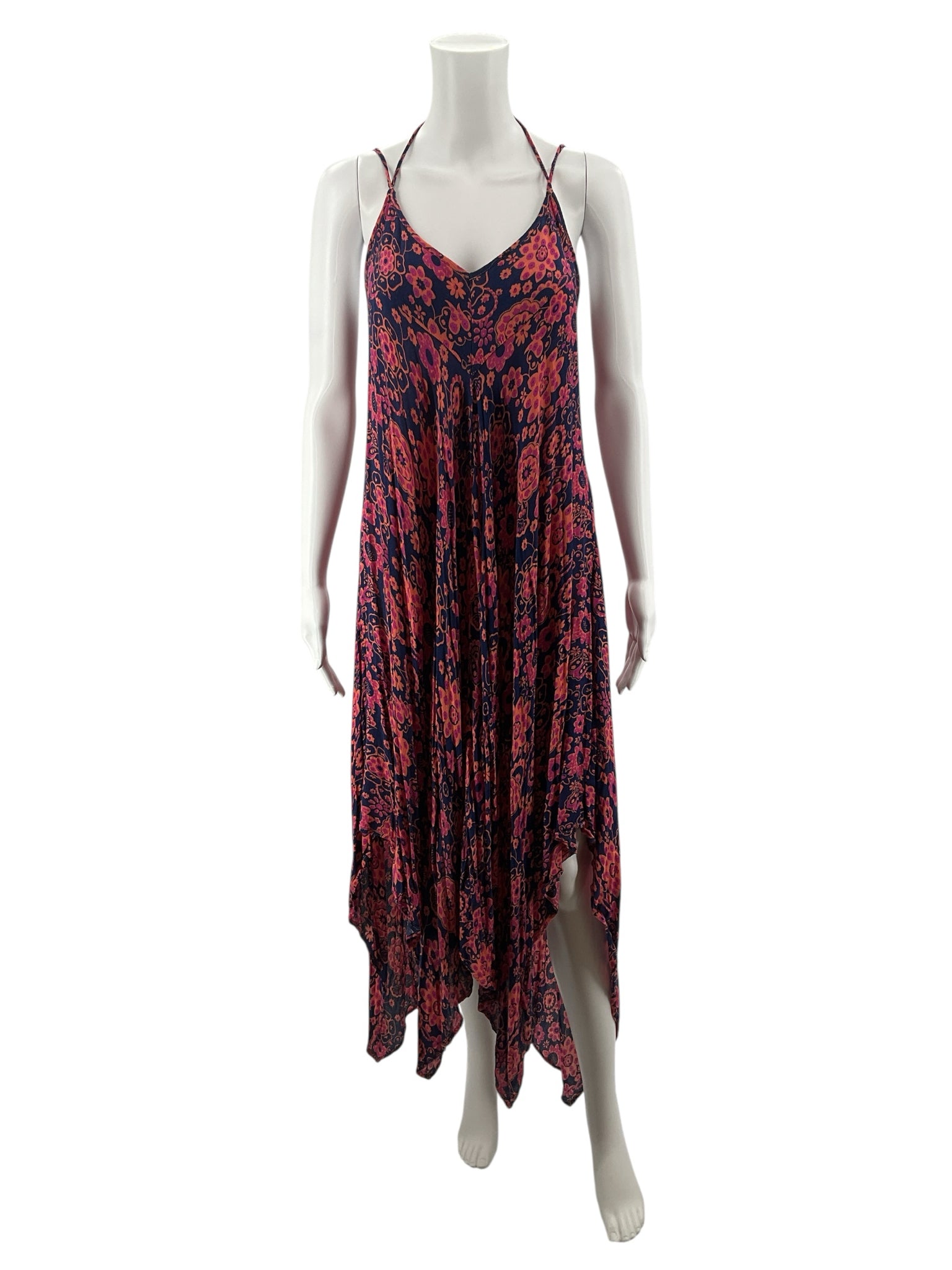 YM &amp; Co. Navy &amp; Pink Floral Handkerchief Hem Halter Maxi Dress Size Small