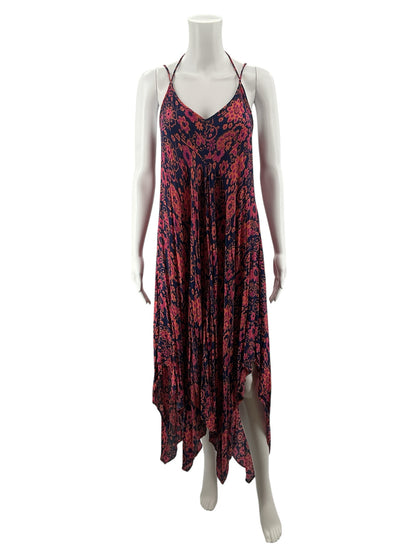 YM &amp; Co. Navy &amp; Pink Floral Handkerchief Hem Halter Maxi Dress Size Small
