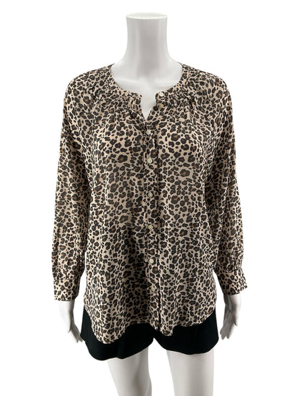 LOFT Petites Leopard Print Shirred Blouse Tan Brown Animal Print Top Size MP
