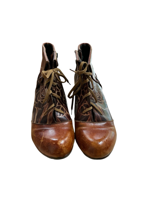 A.S.98 Floral Laser Etched Leather Ankle Boots Brown Lace Up Side Zip EU 37