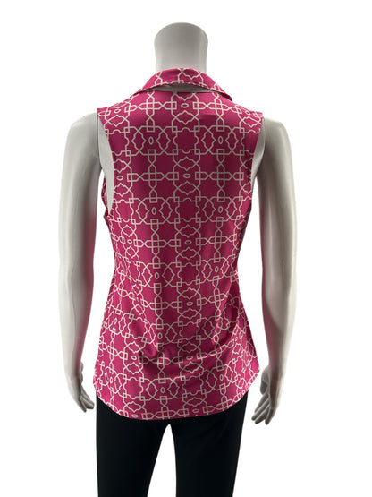 by Gottex Geometric Print Sleeveless Polo Tank Top Pink White Size Small