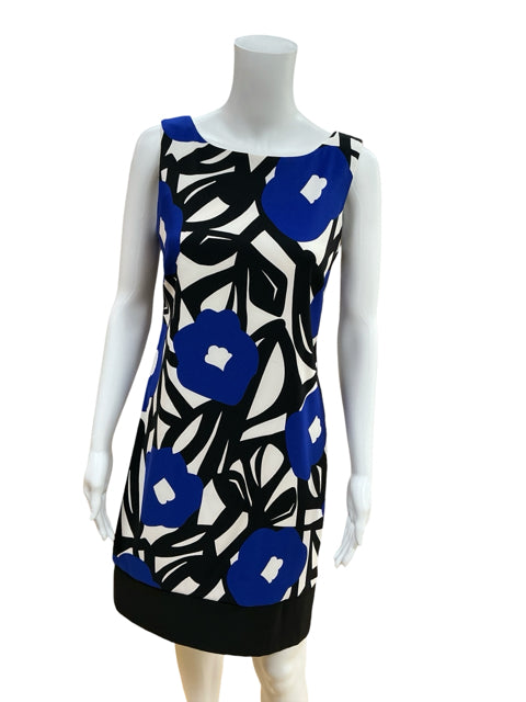 AB Studio Blue/white/black Shift, A-Line, Sleeveless, Scoop Neck, Colorblock, Knee Length Size 6 Blue/white/black Print Pre-Owned Ladies Dress - Size 6