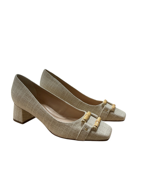 STUARTS Cream Tweed Bamboo Buckle Block Heel Pumps | Size 7.5 NWT