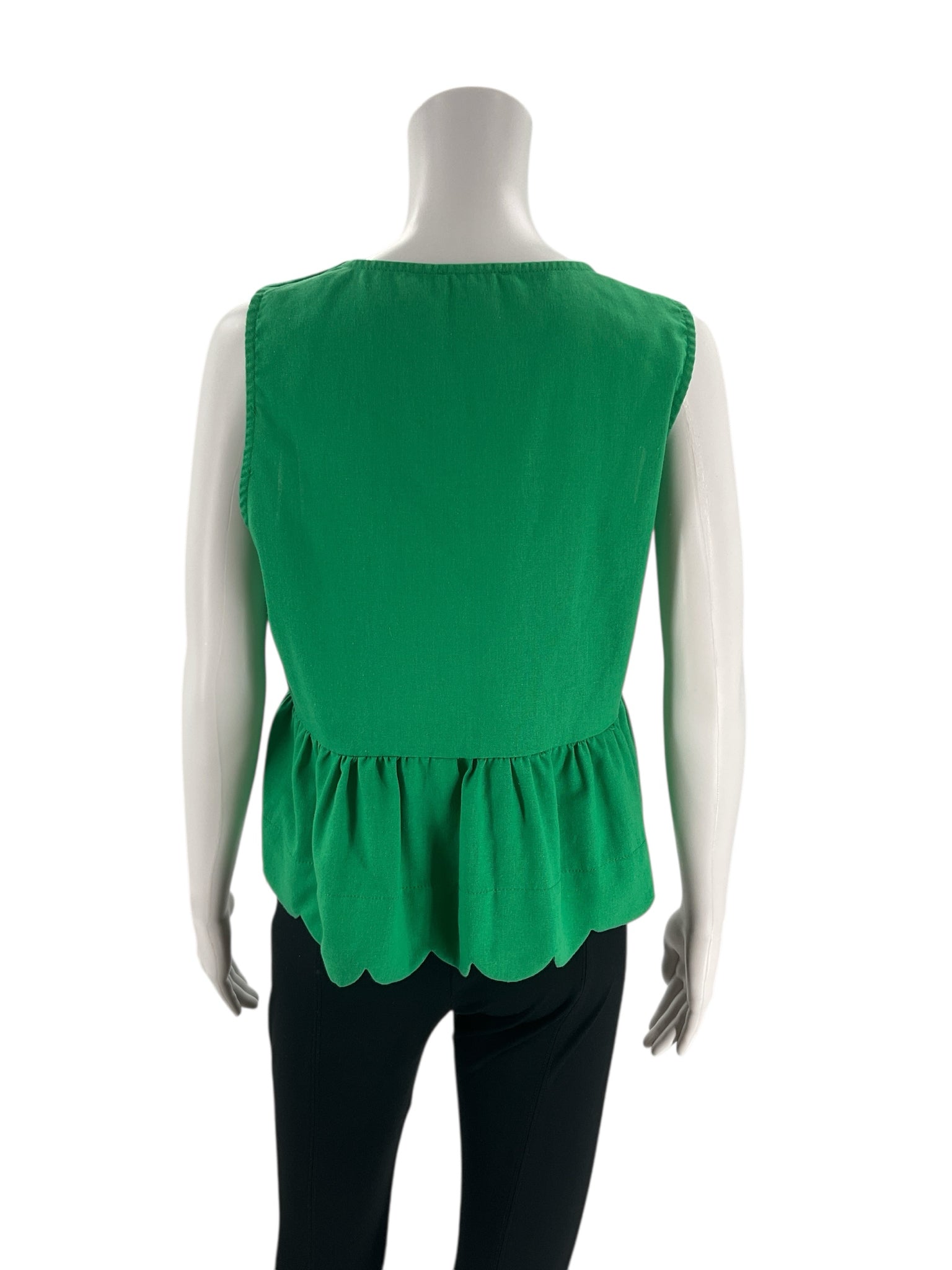 Back view of Entro Green Solid Top - Size Medium showing gathered waist and scalloped hem, perfect for versatile summer outfits.