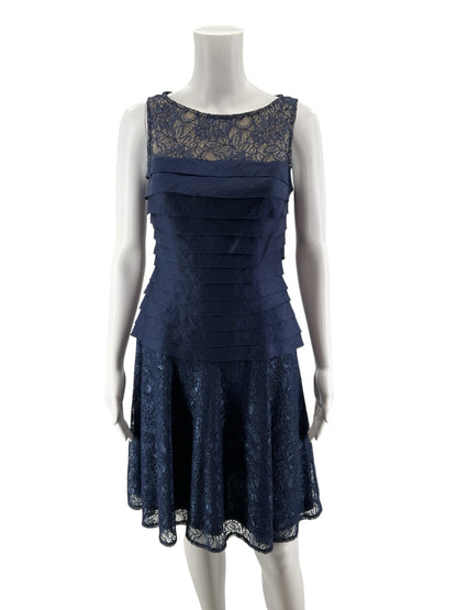 London Times Navy Blue Lace Tiered Illusion Yoke Cocktail Dress Size 4 - ONLINE ONLY