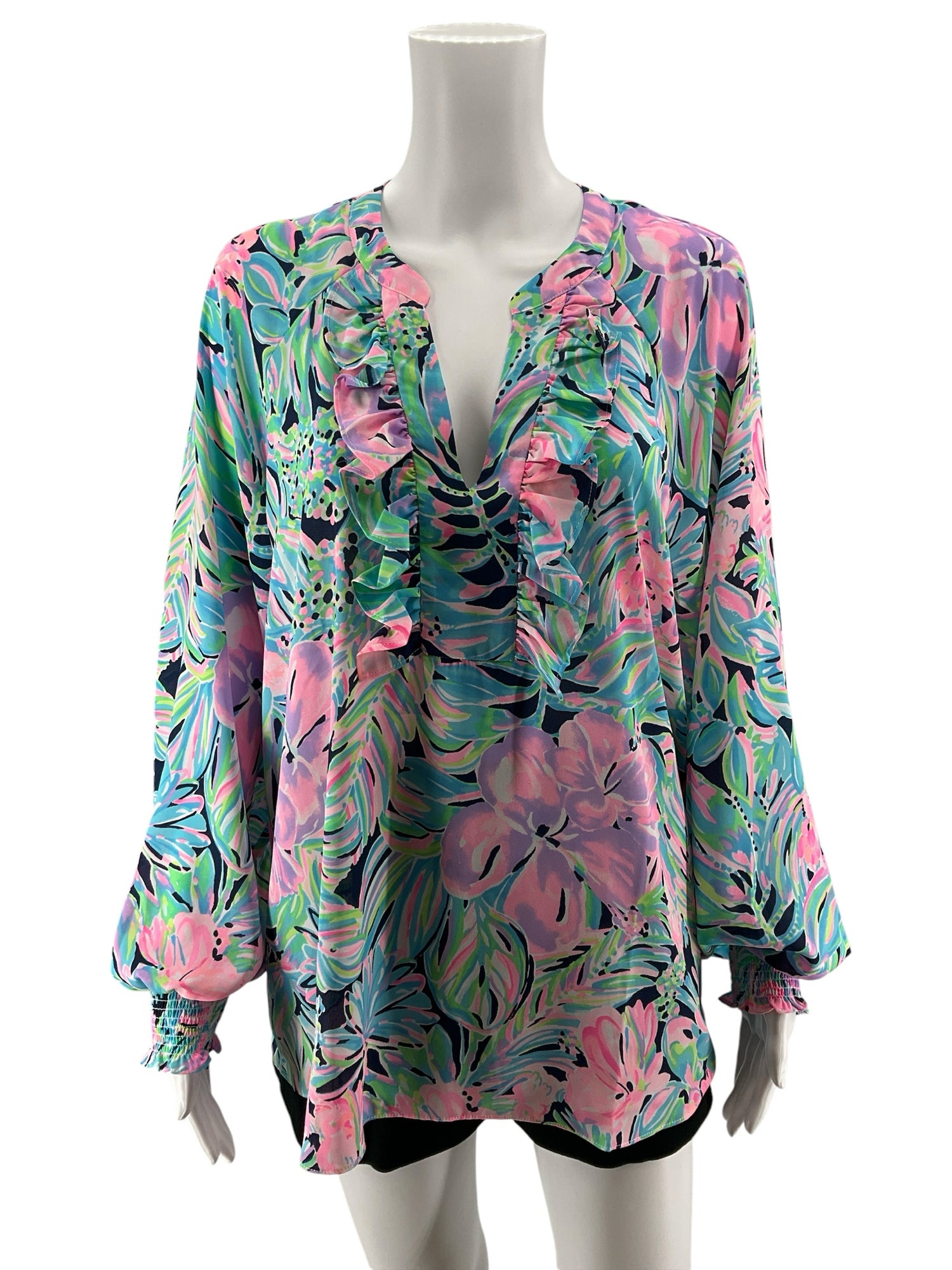 Lilly Pulitzer Willa Ruffle Tunic Top Deep Sea Navy Lucky Catch Size Large