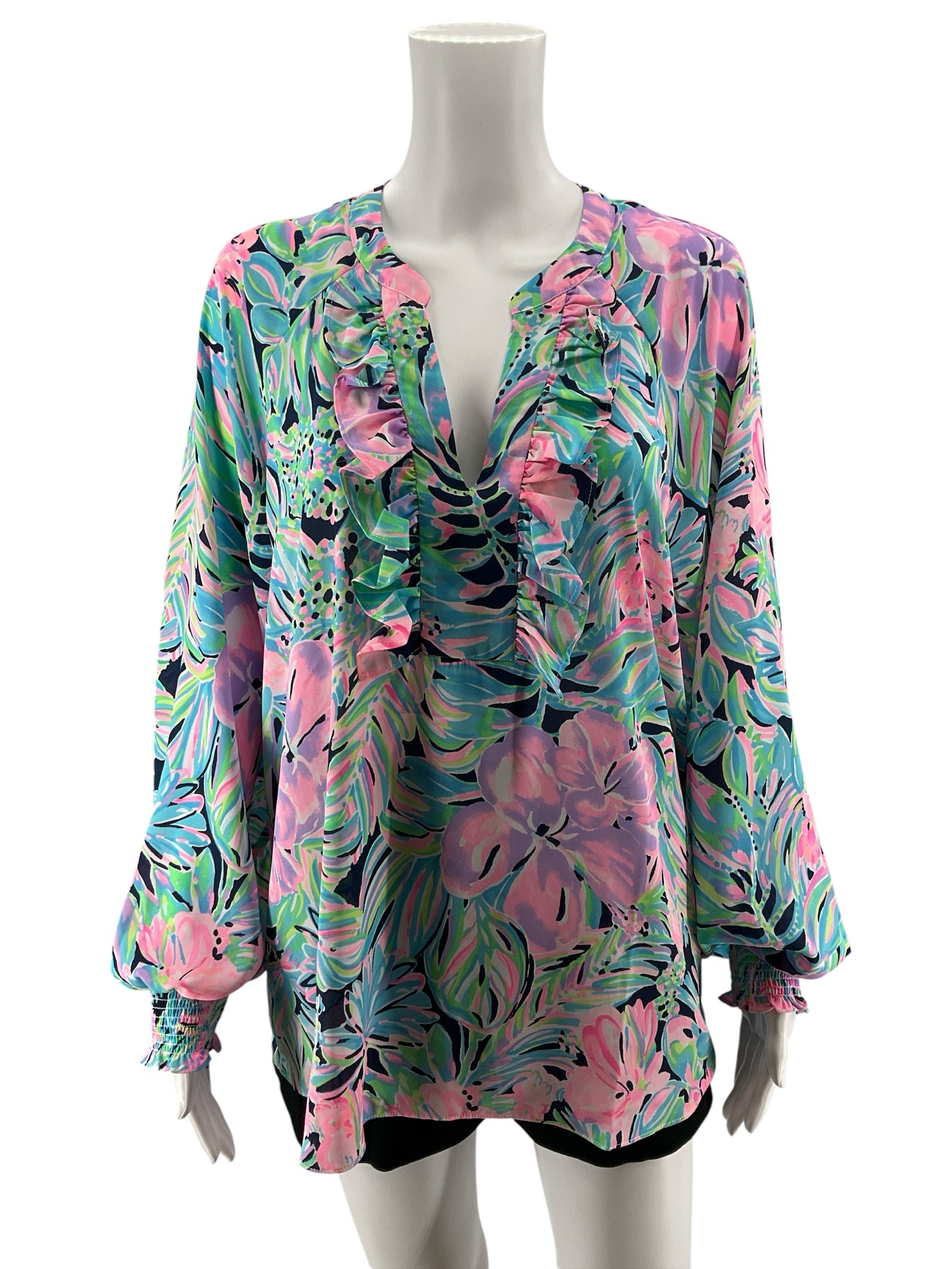 Lilly Pulitzer Willa Ruffle Tunic Top Deep Sea Navy Lucky Catch Size Large