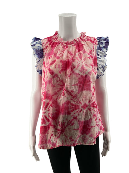 THML Pink/Purple Cap Sleeve Tie-Dye Ruffle Neck Sleeveless Bohemian Top Pink Purple Size Medium NWT - Size M