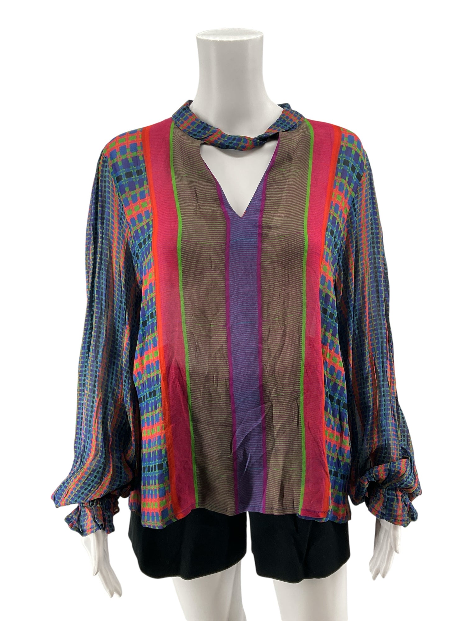 Conditions Apply Anthropologie Geometric Print Tie-Neck Boho Blouse XL NWT