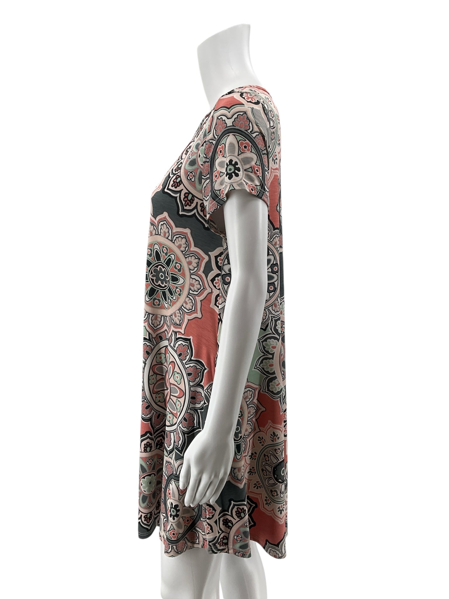 Jodifl Gray Coral Mint Medallion Print Crisscross Neck Tunic Dress Size Small