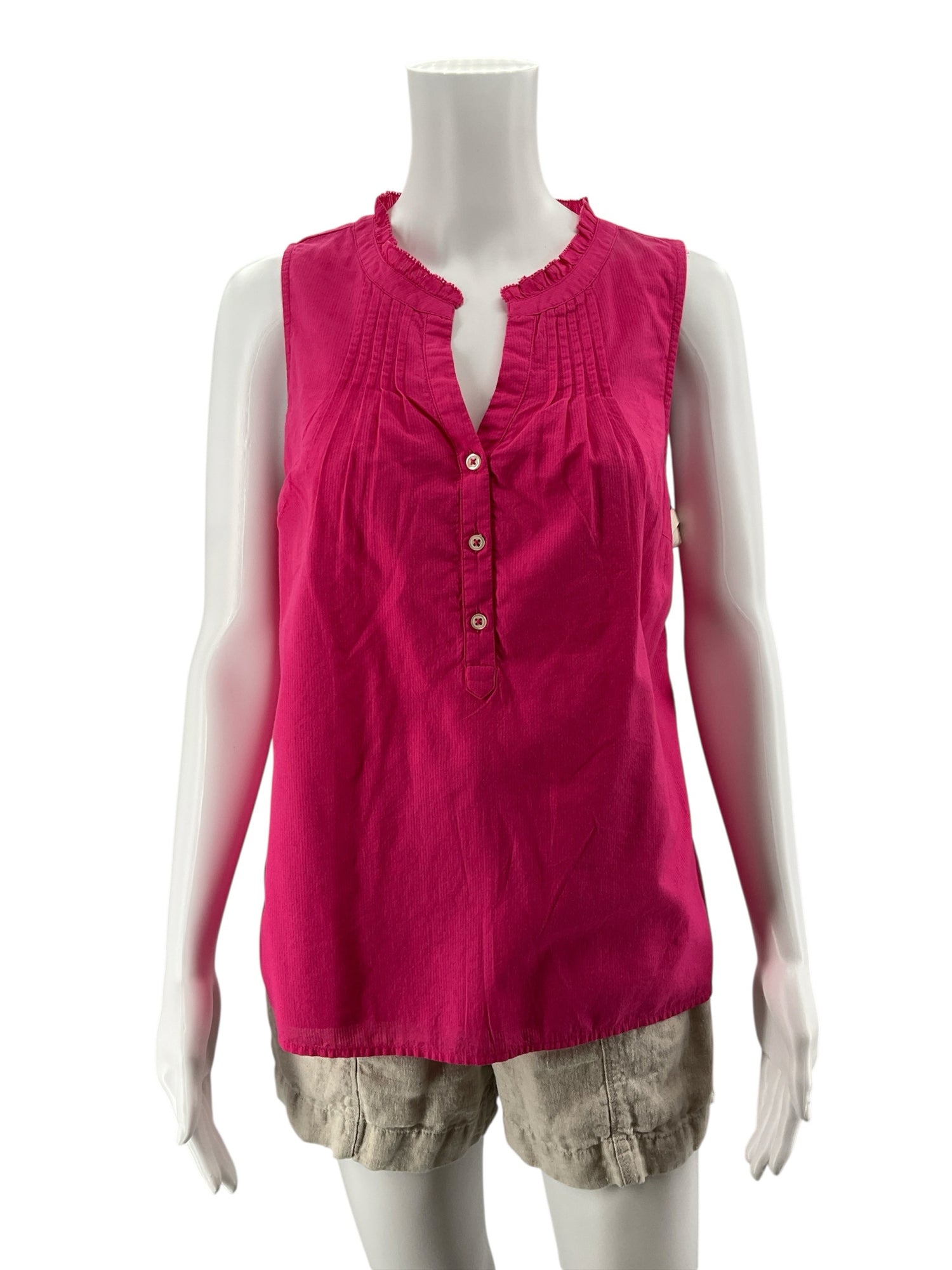 Talbots Petites Ruffle Neck Pintuck Sleeveless Top Cotton Blouse Pink MP NWT