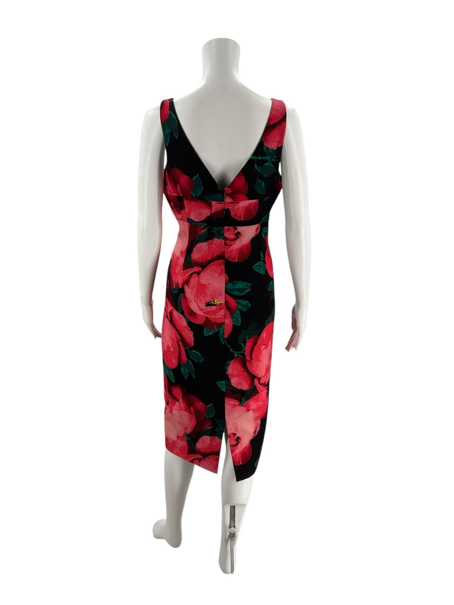Back view of Trina Turk Scoop Neck Knee Dress Size 10 featuring deep V-back and floral print, pre-owned at Margaret’s Fine Consignments.