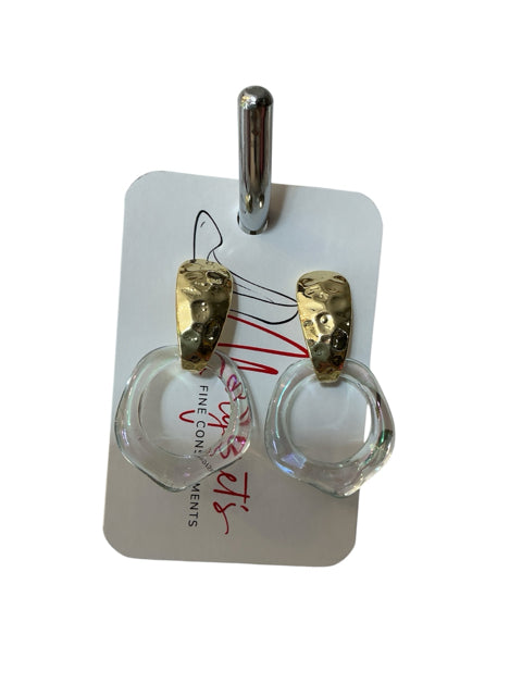 Hammered Gold Tone &amp; Clear Lucite Sculptural Drop Hoop Earrings