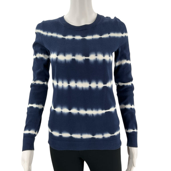 J.Crew tie-dye long sleeve top in navy and white, women's XS, front view. 100% cotton casual sweater in very good pre-owned condition.