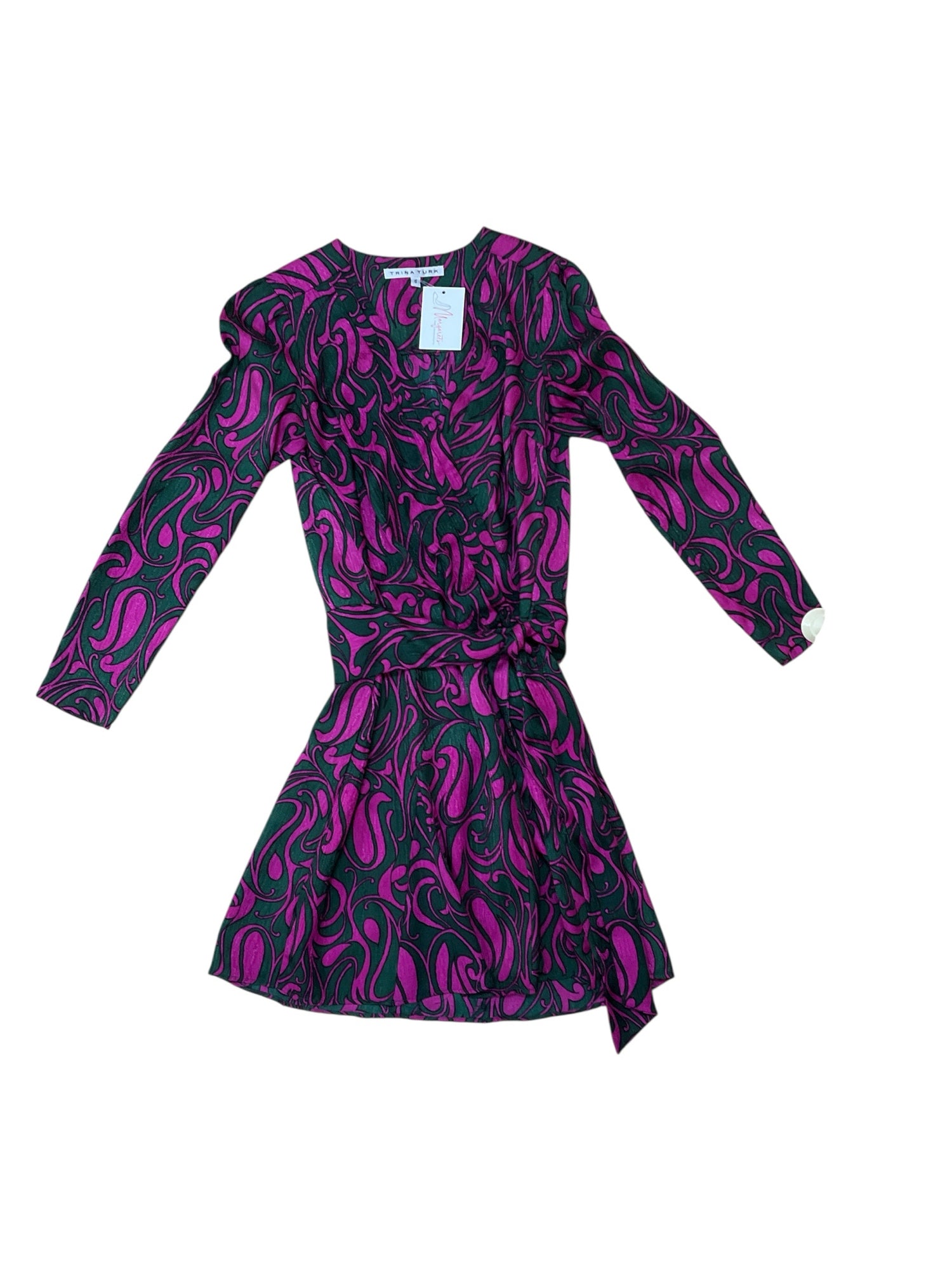 Trina Turk Jacquard Swirl Print 100% Silk Mini Dress Fuchsia Green Size 0