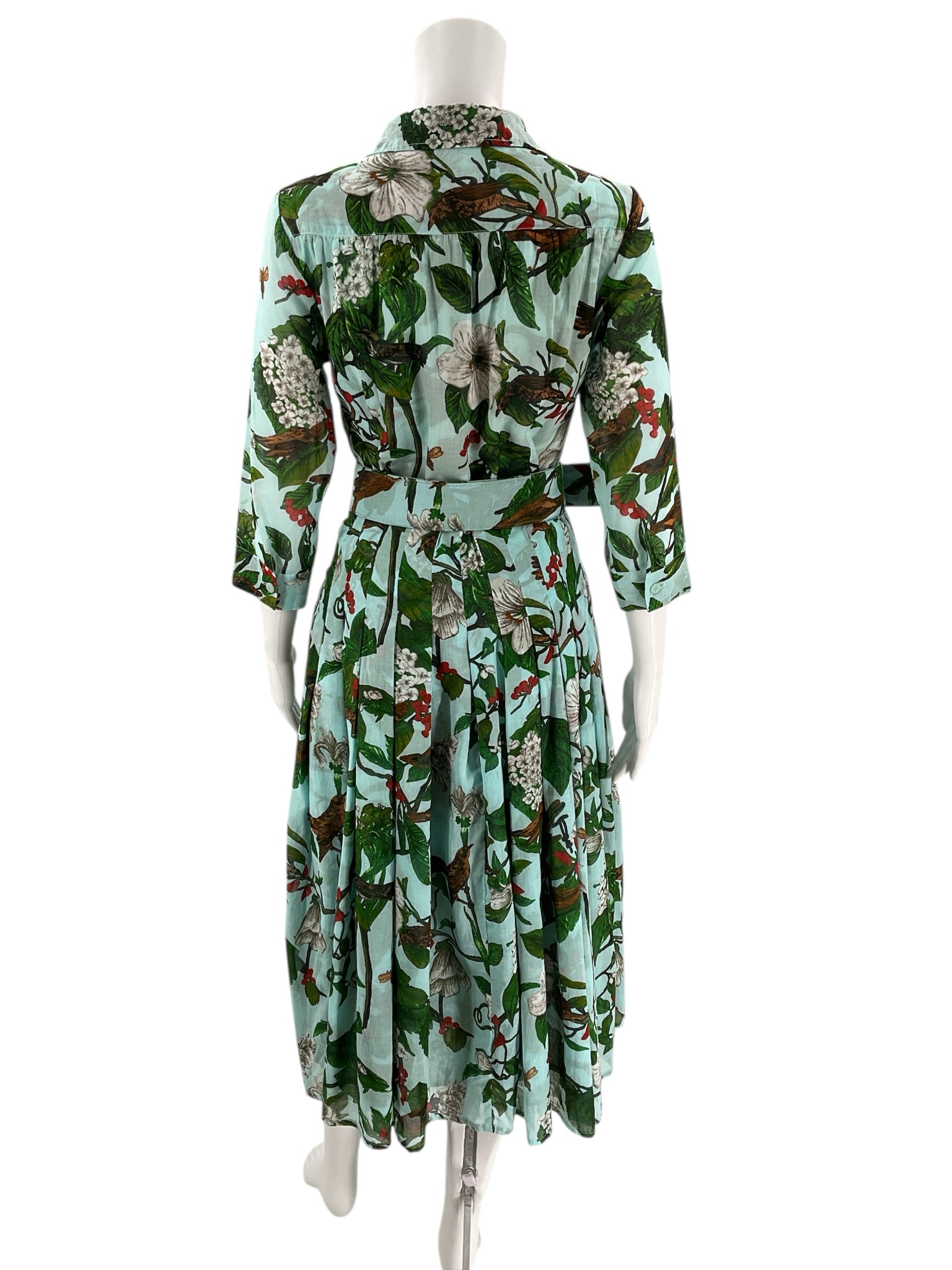 Back view of Samantha Sung Aqua/Green Floral Maxi Dress Size 4 featuring a belted waist and vibrant botanical print, pre-owned condition.