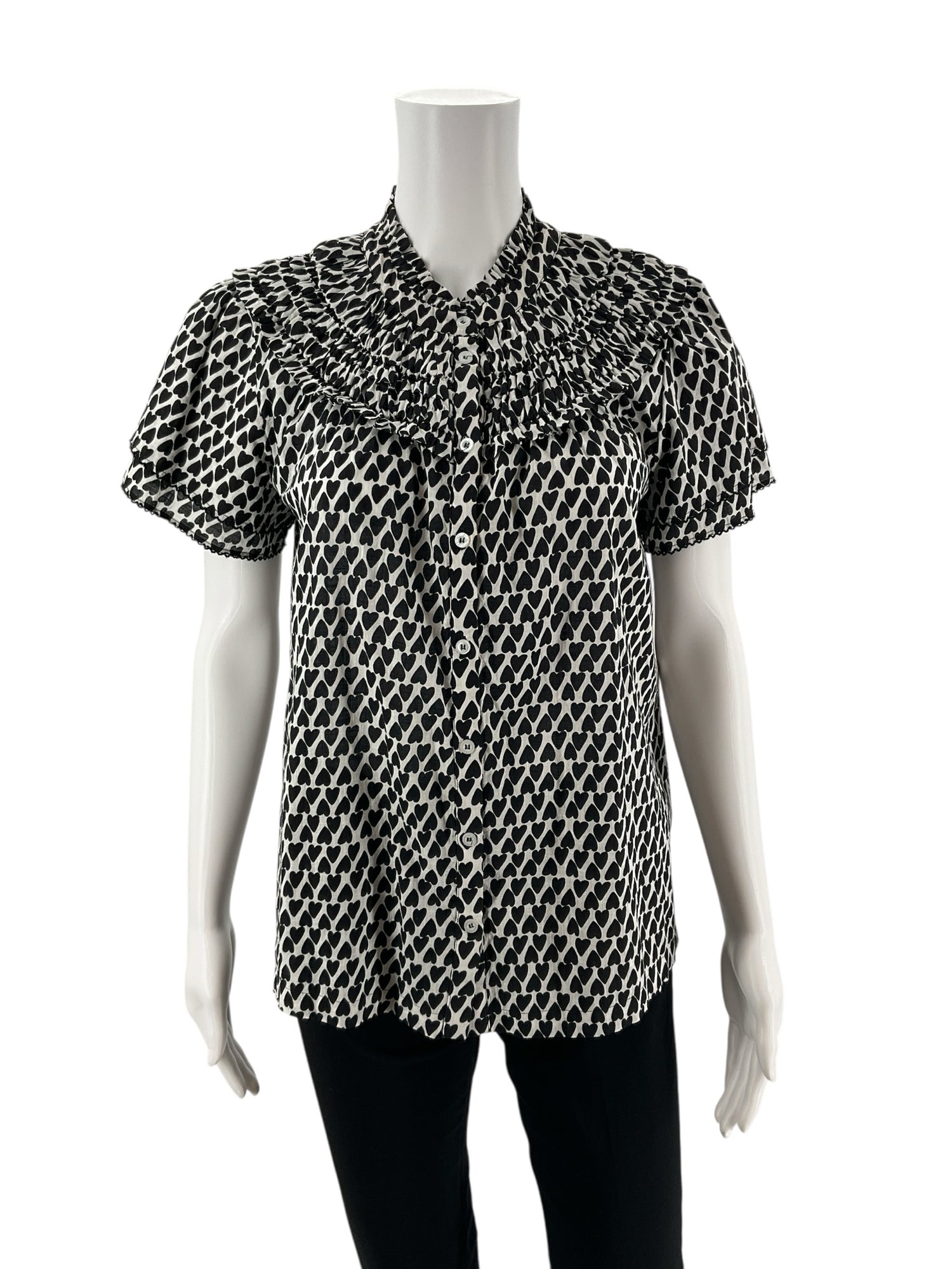 Ivy Jane white/black Short Sleeve Heart Print Smocked Ruffle Yoke Blouse Top Size Small NWT - Size S