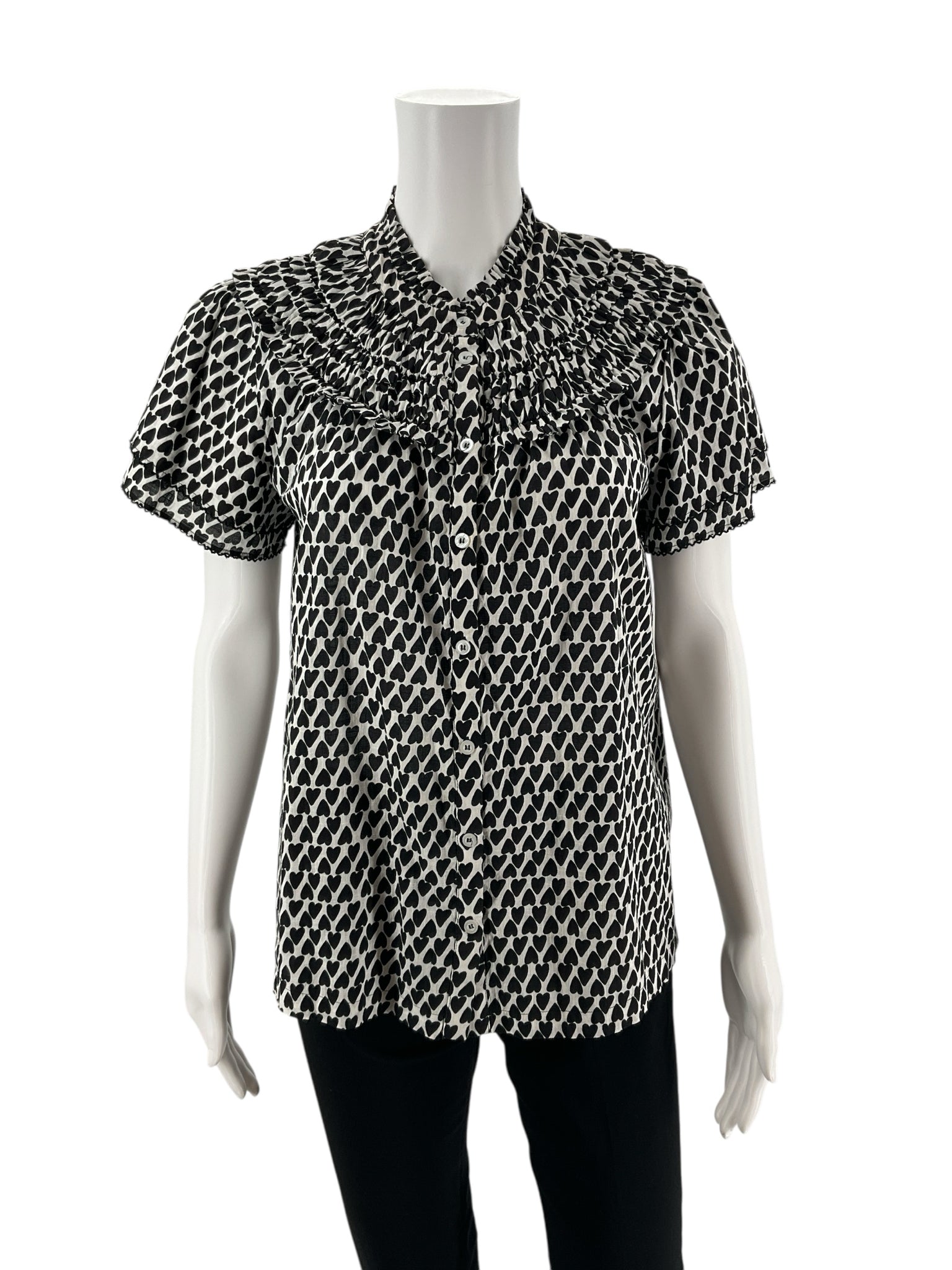 Ivy Jane white/black Short Sleeve Heart Print Smocked Ruffle Yoke Blouse Top Size Small NWT - Size S