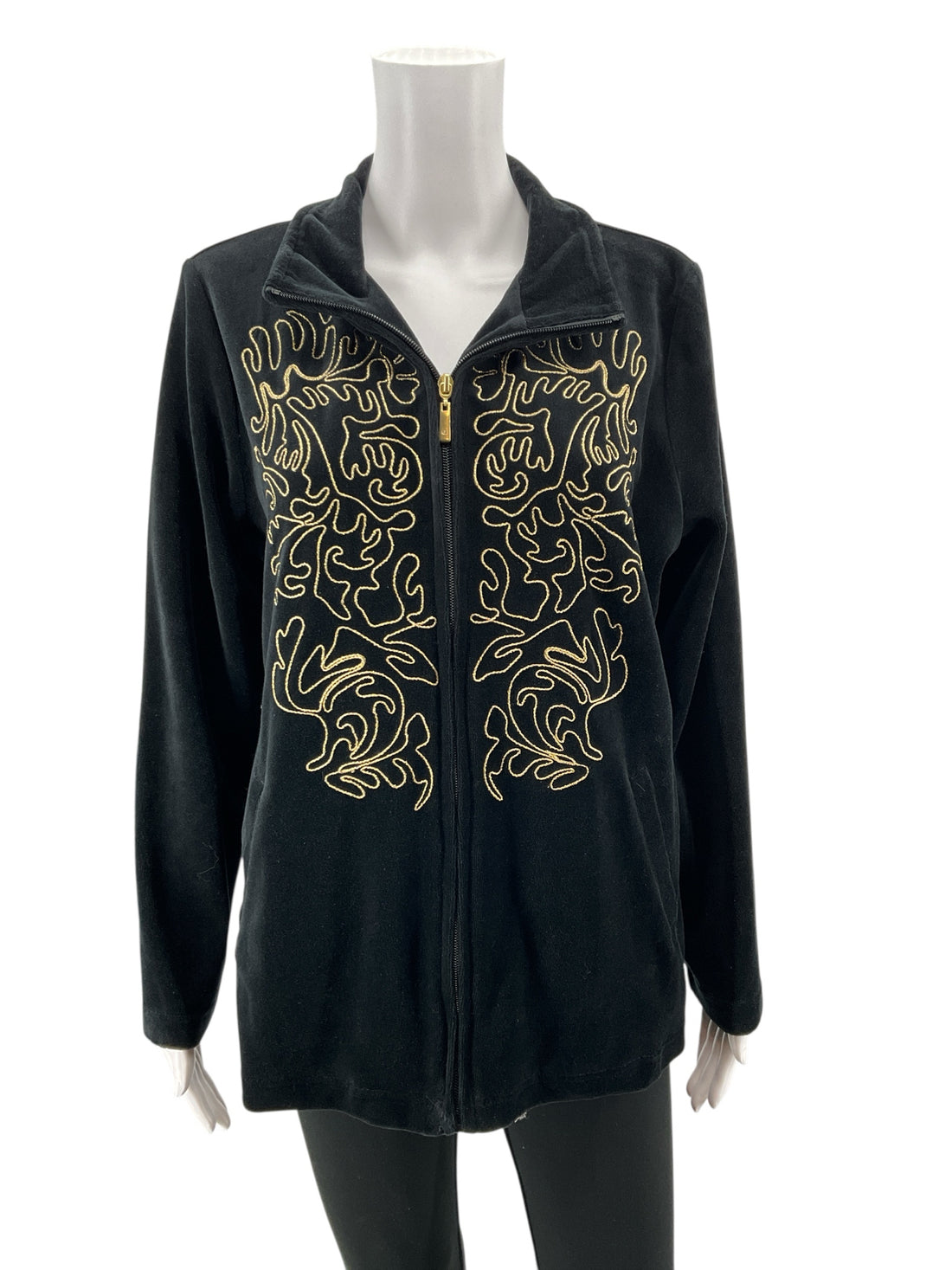 D!ifestyle Velour Zip Up Track Jacket Gold Swirl Embroidery Black Size Large