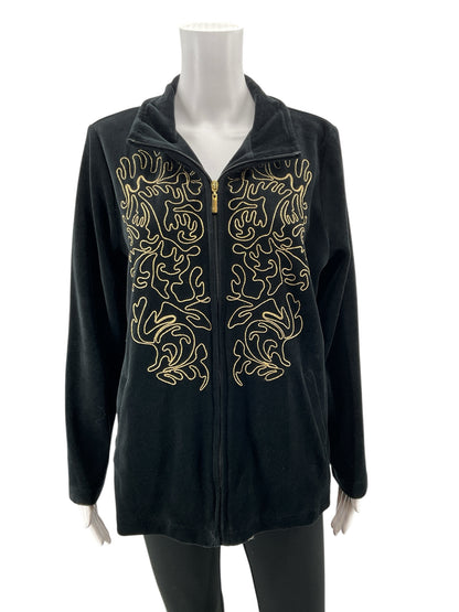 D!ifestyle Velour Zip Up Track Jacket Gold Swirl Embroidery Black Size Large